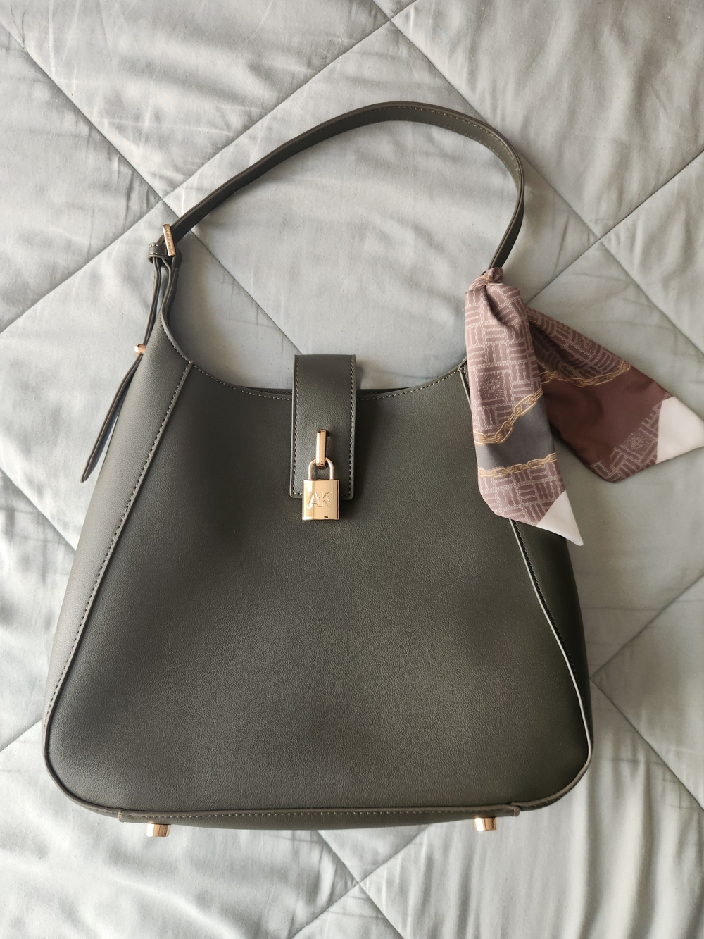 Anne Klein Olive Green Leather Shoulder Bag with Scarf Accent